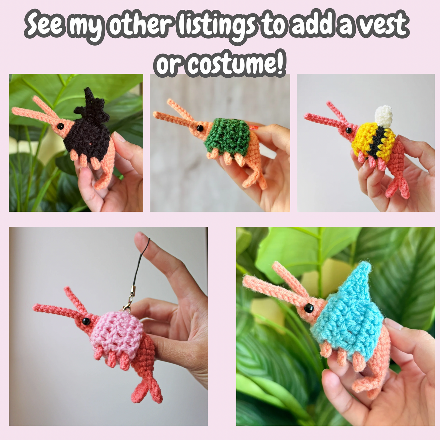 Collage of colorful crocheted shrimp in different costumes such as a bat, bee, green vest, pink vest, and a shark