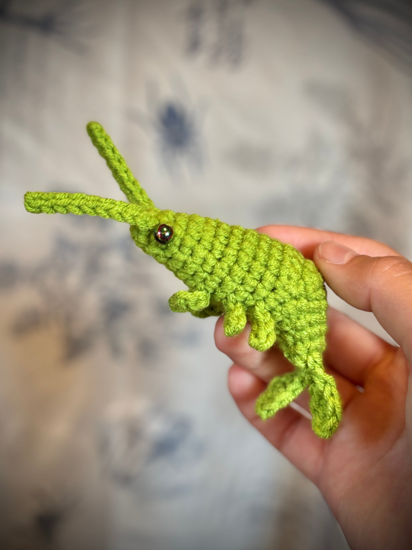 hand holding a green shrimp with iridescent eyes